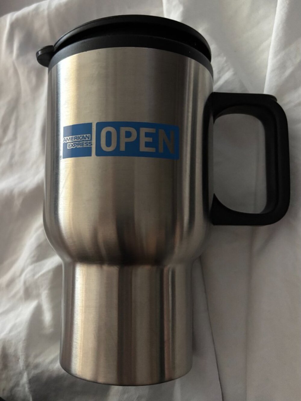 American Express OPEN Stainless Steel Travel Mug Tumbler 14oz With Handle Silver